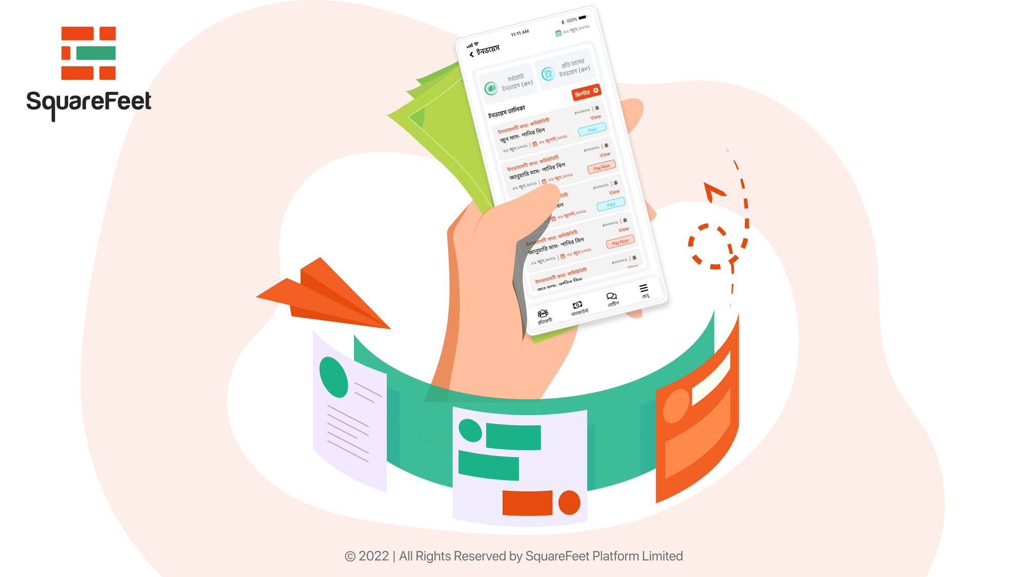 a hand holding digital invoices