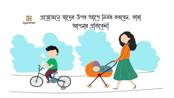 an women carrying her baby in stroller, another boy is in the road on a bike